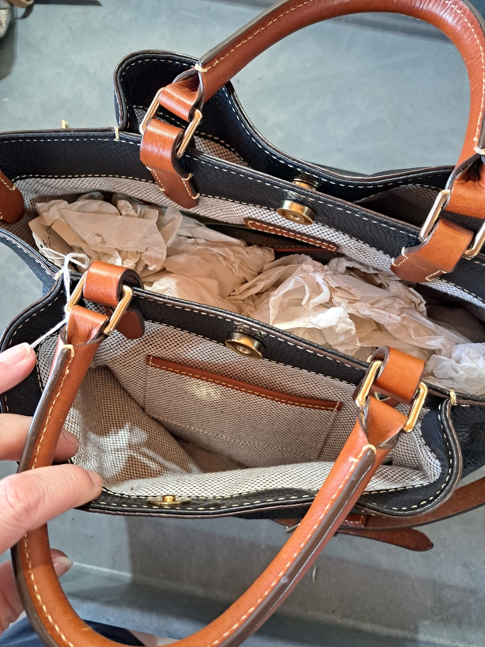 Dooney & Bourke Black and Brown Pebbled Leather Tote with Gold Accents - Picture 5 of 5